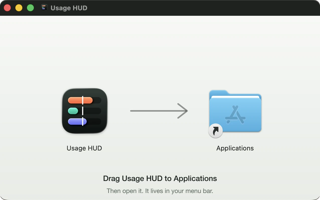 The Usage HUD disk image window: the new app icon, three glass lanes with a white pace tick, an arrow to the Applications folder, and the words Drag Usage HUD to Applications. Then open it. It lives in your menu bar.